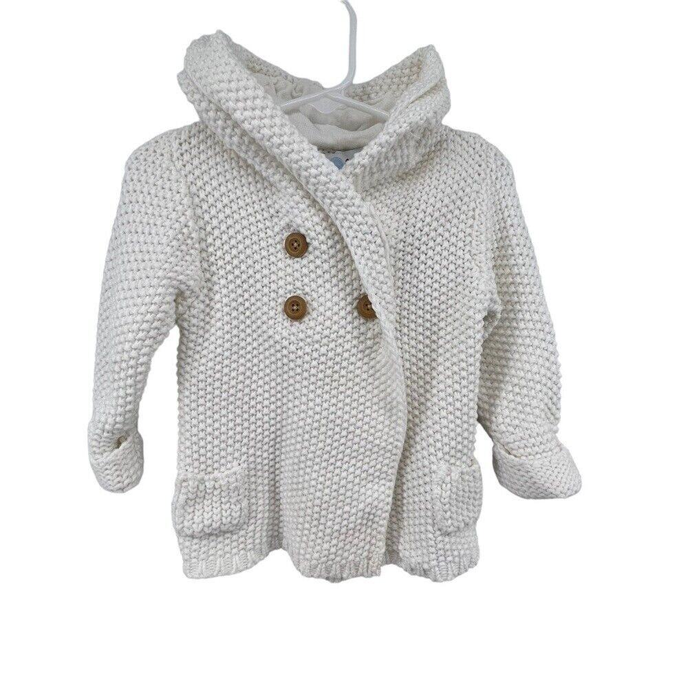 Beba Bean Size 6-12 Months Knit Sweater Jacket Hooded Button Up Cream Cardigan